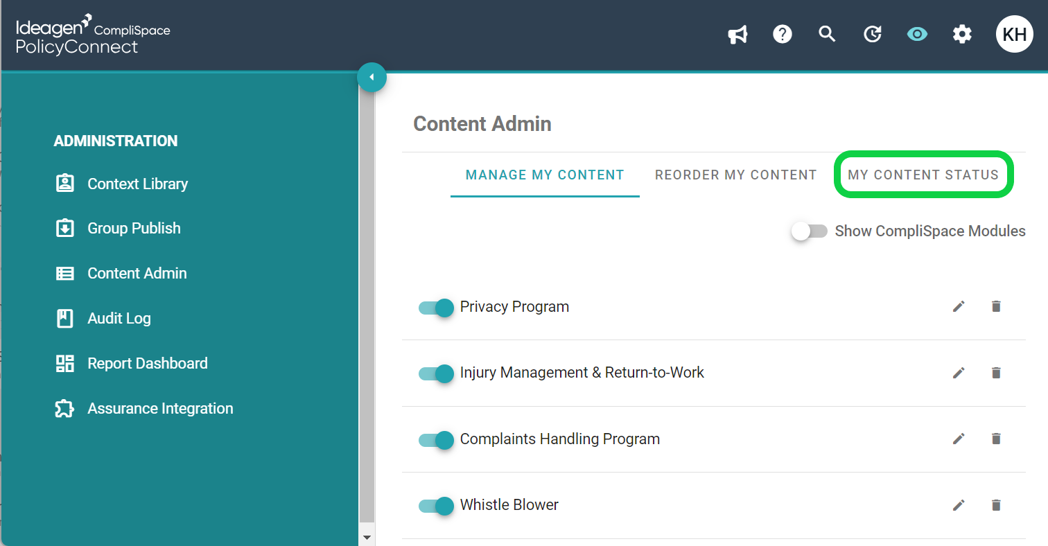 Content Admin - My Content Status – Support Hub